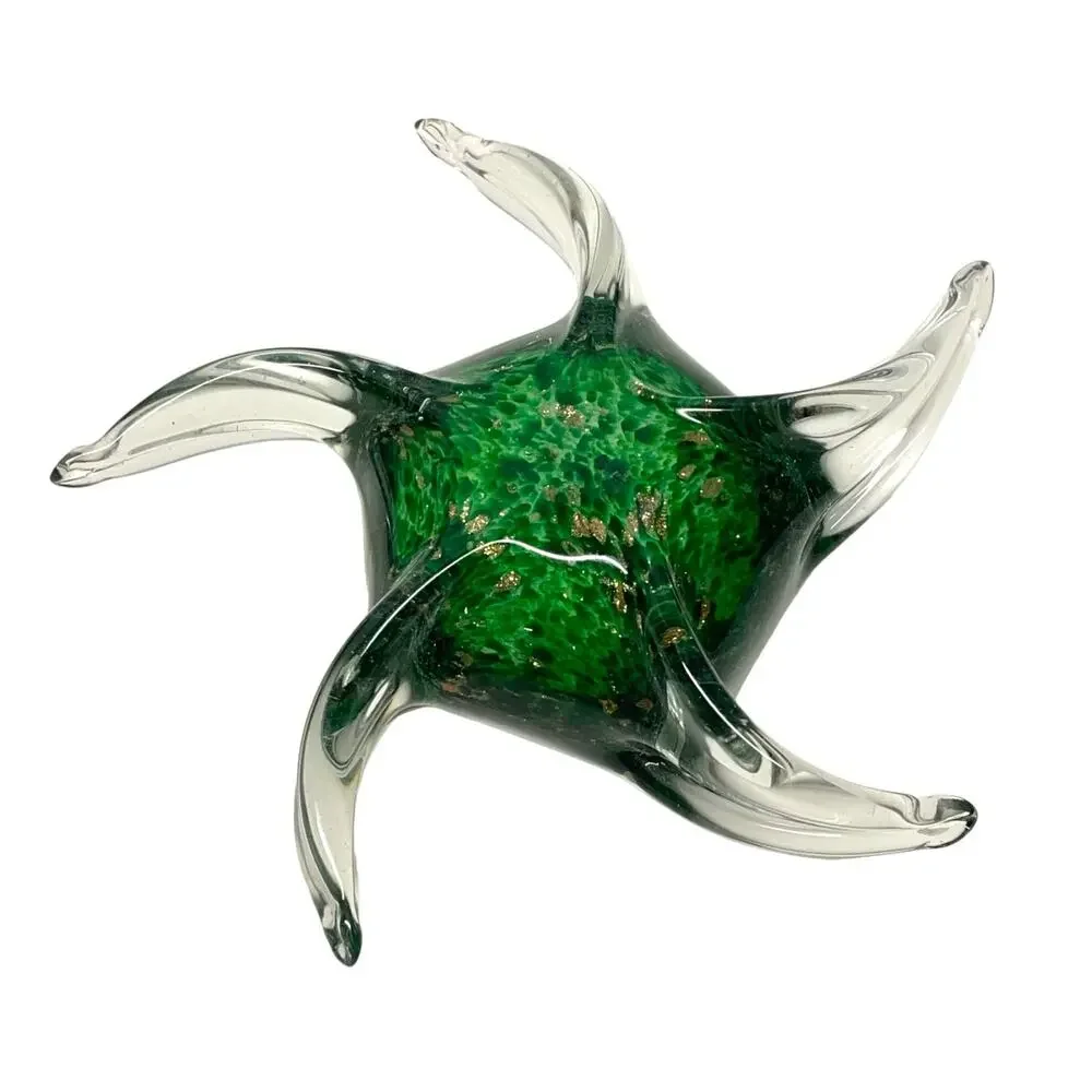 Glass Paperweight Green Gold Flecks Starfish Coastal